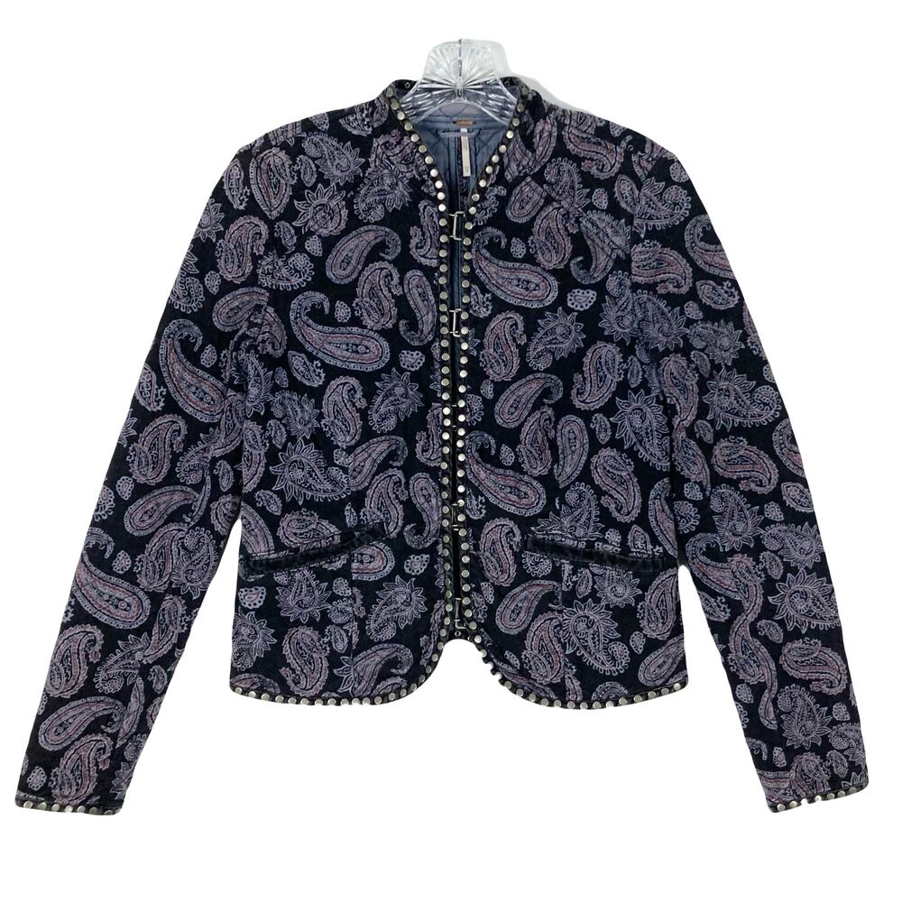 nwot FREE PEOPLE Jacket XS Paisley Quilted Silver Hook Closure LongSleeve Purple